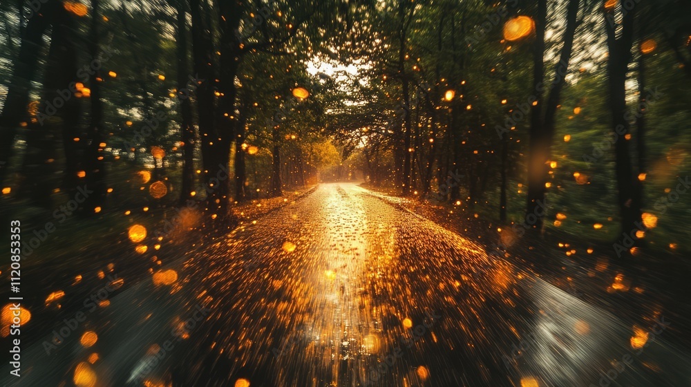Poster golden hour rainy drive with blurred trees and golden bokeh effects through car window