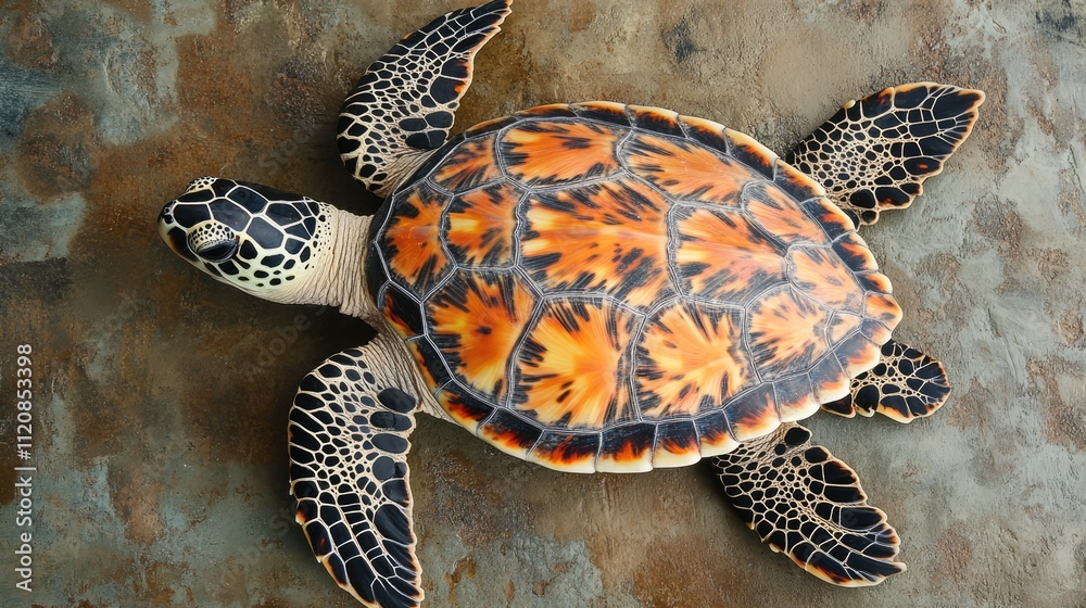 Poster Hawksbill turtle resting on a textured surface showcasing its vibrant shell and detailed patterns in a serene underwater setting.