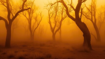 Golden Hour Misty Landscape of Cottonwood Trees in Albuquerque New Mexico