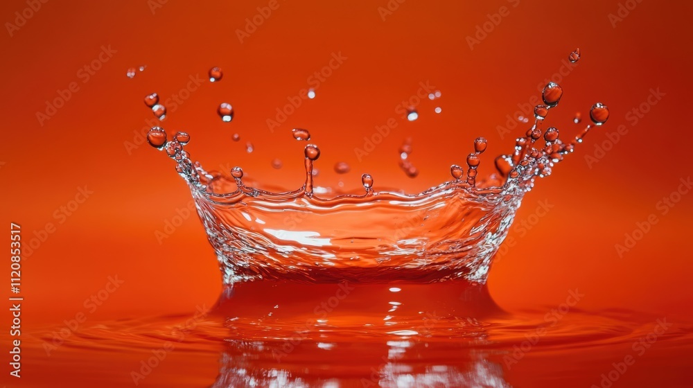 Poster vibrant water splash with droplets captured against an orange background showcasing motion and fresh