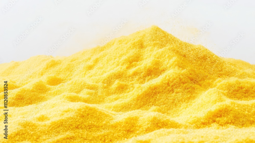 Aufkleber heap of vibrant yellow manioc flour displayed on a clean white background showcasing its fine textur