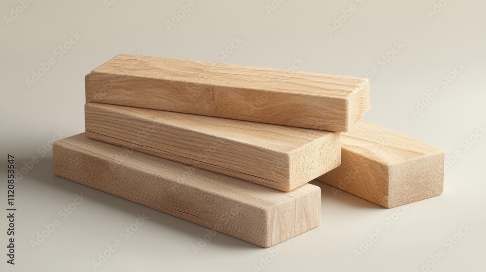 Poster stack of smooth wooden lumber boards arranged on a neutral background showcasing natural wood textur