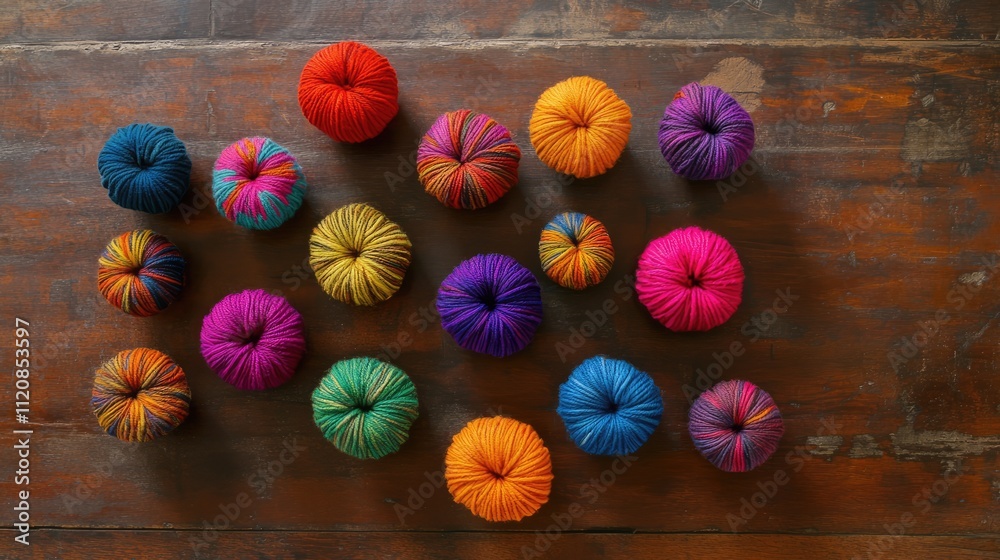 Poster colorful cotton yarn balls arranged on textured wooden surface creating a vibrant and artistic displ