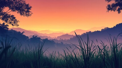 Serene twilight landscape with silhouetted hills and soft green grass in foreground creating a tranquil sunset panorama over tropical forest.