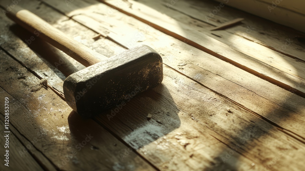 Poster wooden mallet resting on floorboards for precise woodworking tasks in a sunlit workshop emphasizing 