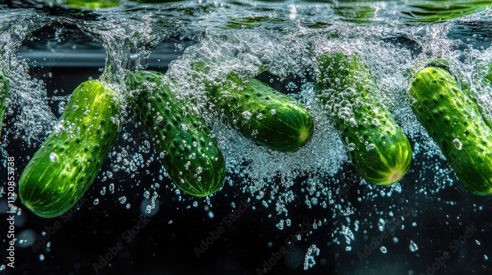 Aufkleber Fresh cucumbers splash into water creating dynamic sprays and bubbles capturing the essence of nature's freshness and vitality.