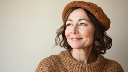 Middle aged woman in winter sweater and beret smiling confidently against neutral background showcasing natural and authentic expression