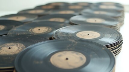 Vintage vinyl records arranged on a white backdrop showcasing the textures and details of classic music memorabilia.