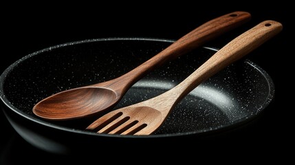 Ceramic coated frying pan with wooden utensils on black background ideal for culinary presentations and kitchen decor