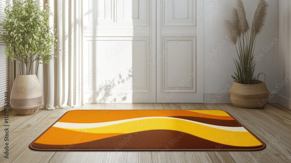 Poster modern entryway mat with a cheerful yellow and brown design made of non-slip pvc material for safety