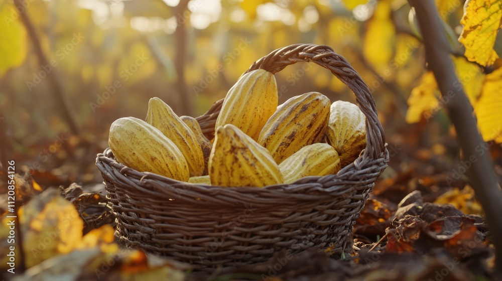 Poster harvesting ripe cacao pods in a wicker basket surrounded by autumn foliage on a cocoa plantation und