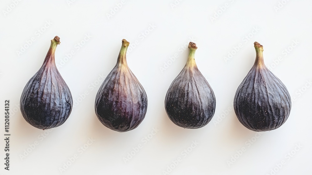 Poster Fresh purple figs arranged in a row on a clean white surface showcasing their unique shape and color against a minimalist backdrop.