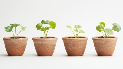 Germinated flower seedlings growing in clay pots showcasing varied stages of development against a minimalist background
