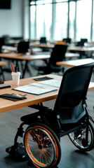 Obraz premium A modern office space featuring a wheelchair at an empty table, emphasizing accessibility and inclusivity in work environments.