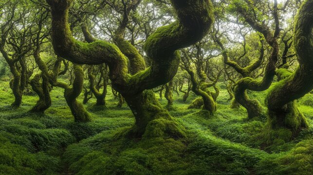 Twisted ancient trees covered in moss create a mystical forest scene in Idless Woods Cornwall England. Nature's enchanting beauty.