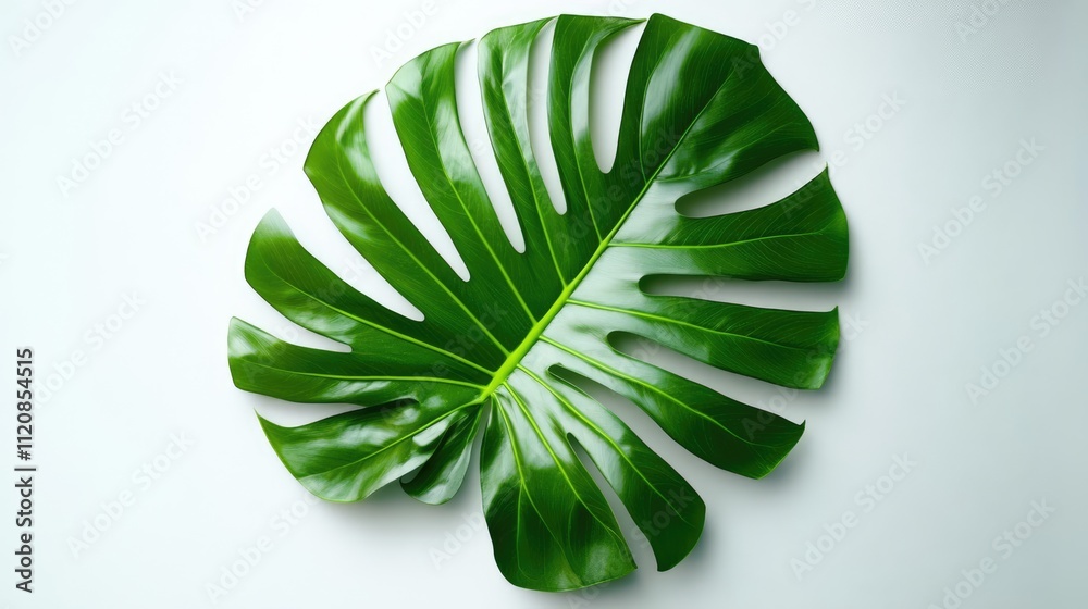 Poster monstera plant leaf isolated on a clean white background showcasing its vibrant green color and stri