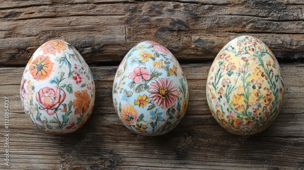 Poster beautifully crafted handmade easter eggs resting on a rustic wooden background showcasing intricate 