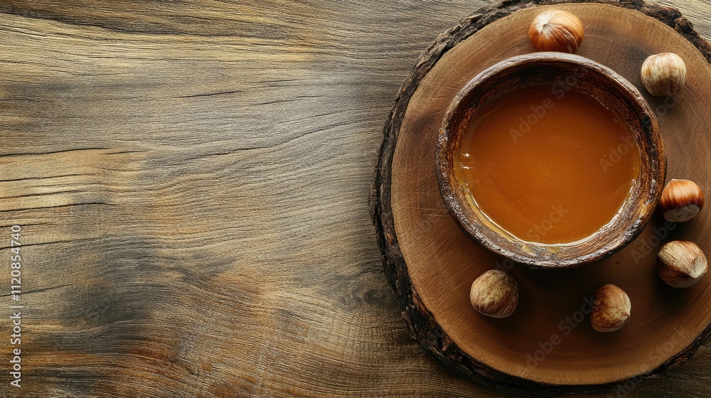 Poster hazelnut butter in a rustic wooden bowl surrounded by whole hazelnuts on a textured wooden surface