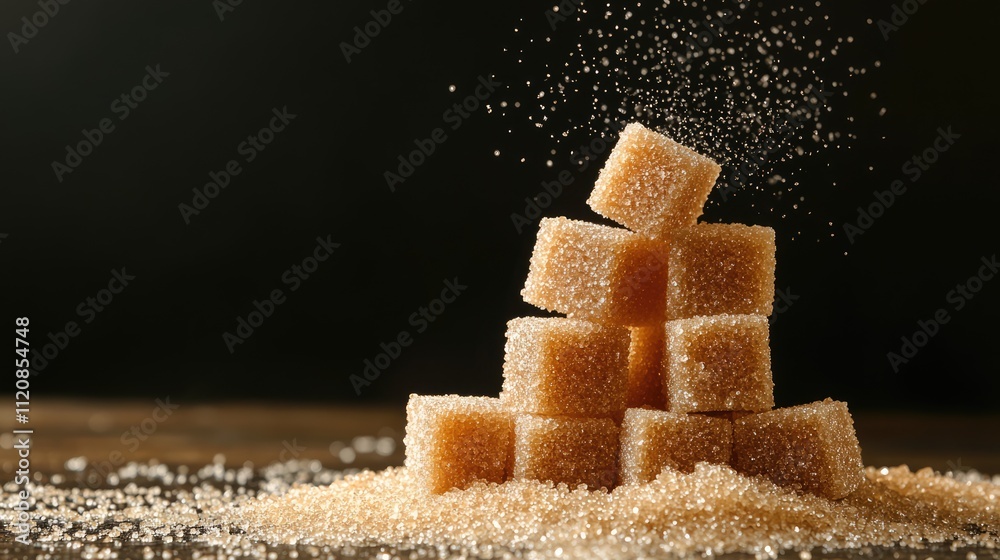 Poster brown cane sugar cubes stacked artistically with granulated sugar dust against a dark background sho