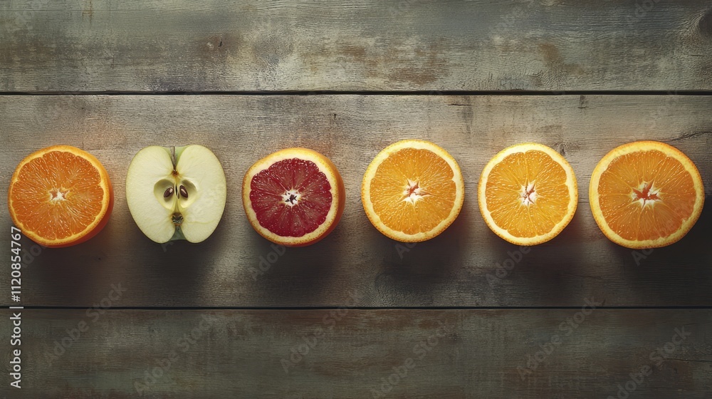 Poster halved apples and oranges arranged on rustic wood showcasing vibrant colors and textures of fresh fr