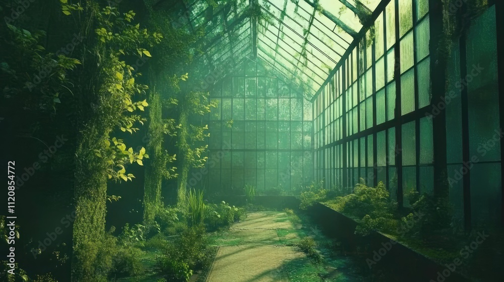 Poster greenhouse interior with lush vegetation and natural light creating an abstract environmental backgr