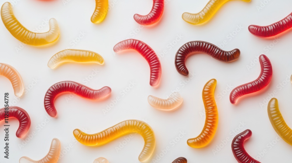 Poster colorful gummy worms scattered on a clean white surface creating a playful and vibrant candy backgro