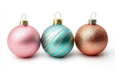 Obraz premium Vibrant Christmas ornaments in pink, teal, and copper with glitter. Perfect for festive decorations and adding cheerful touch to holiday celebrations, isolated design on white background 