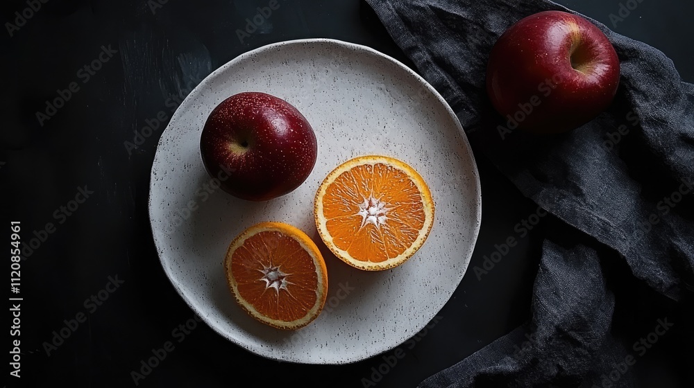 Poster fruits arranged on a white plate featuring halves of orange an apple and dark background viewed from