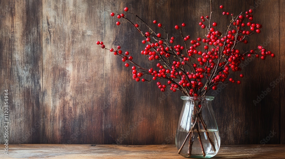 Poster hawthorn branches with vibrant red berries elegantly arranged in a glass vase on a rustic wooden tab