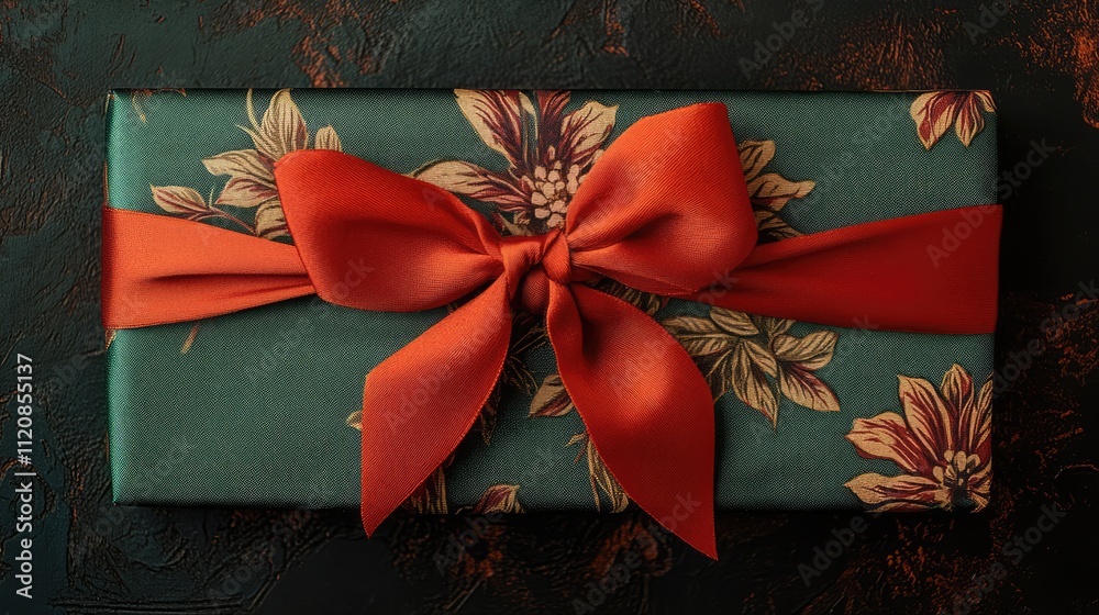 Poster elegant green gift box adorned with a vibrant red ribbon and bow showcasing floral design on a textu