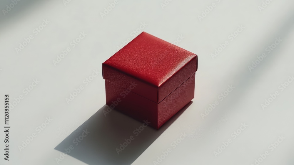Poster red gift box elegantly positioned on a clean white surface casting a subtle shadow in soft natural l