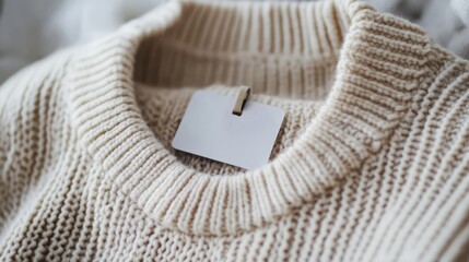 Labels on clothing composition tag attached to sweater showcasing texture and design suitable for fashion and textile industry presentations