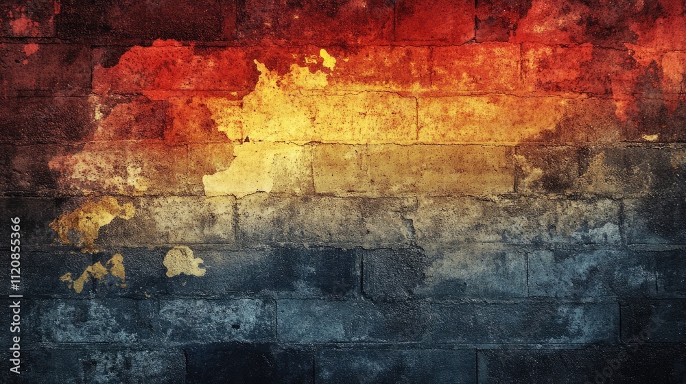Poster textured grunge brick wall with colorful gradients of red yellow and blue for artistic background or