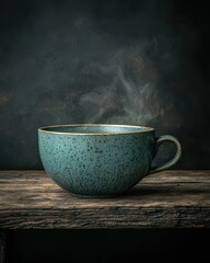 Elegant Ceramic Cup with Steam on Rustic Wooden Table Surface