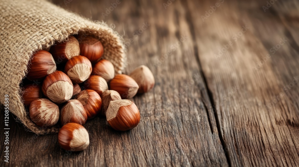 Poster hazelnuts spilling from a burlap sack on a rustic wooden surface showcasing natural textures and ear