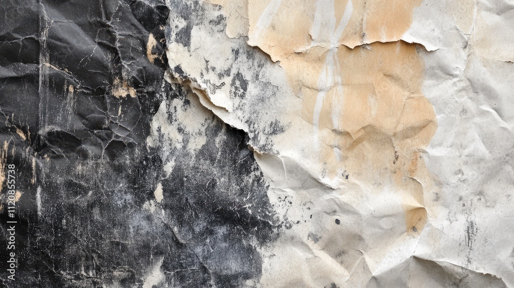 Poster Textured grungy paper background with crumpled and distressed surfaces in black and beige tones for creative design applications