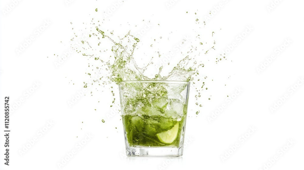 Poster green cocktail splash in a glass creating dynamic droplets against a clean white background showcasi