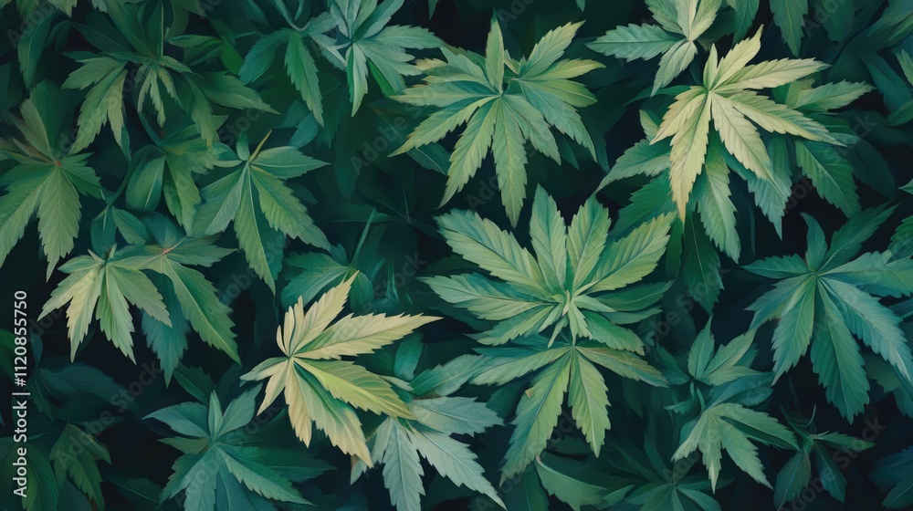 Poster lush green maple leaves creating a vibrant natural background with a variety of leaf shapes and text