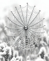 Fototapeta premium Frozen spiderweb with dew drops in monochrome.