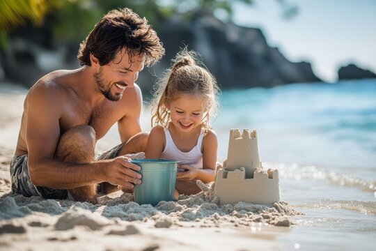 Father and daughter building sandcastle together on beach