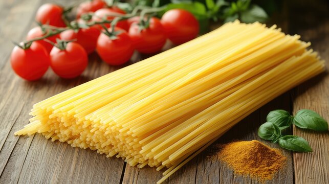 Italian culinary essentials featuring fresh tomatoes, herbs, pasta, and spices beautifully arranged on a rustic wooden surface