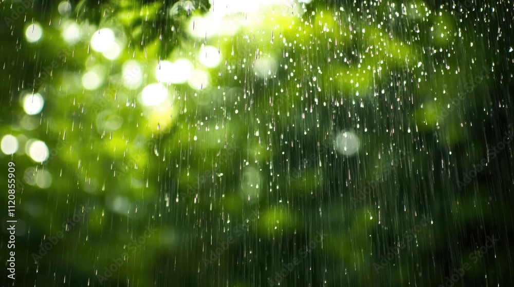 Aufkleber Bokeh Effect with Blurred Raindrops on a Lush Green Background for Nature and Weather Themes