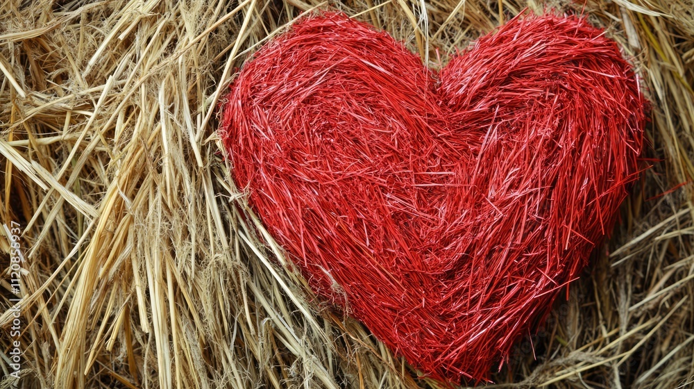 Poster Heart shape crafted from red straw displayed against a textured background of dried hay showcasing creativity and romantic symbolism.