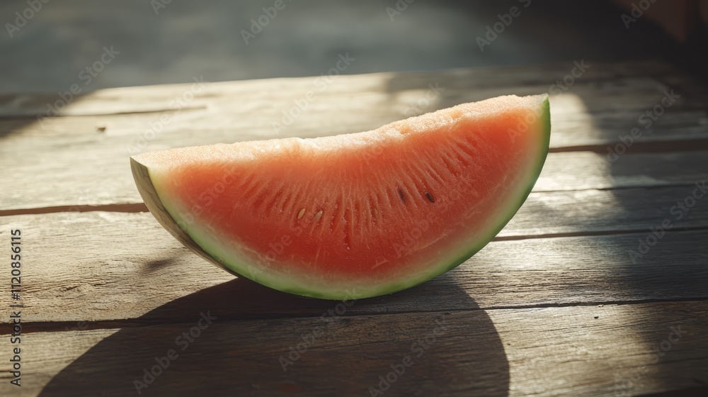 Poster watermelon half and fresh slices displayed on rustic wooden table in natural light showcasing vibran