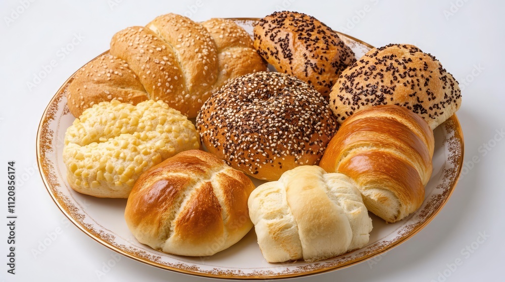 Aufkleber assorted bread varieties displayed on a decorative plate from overhead perspective