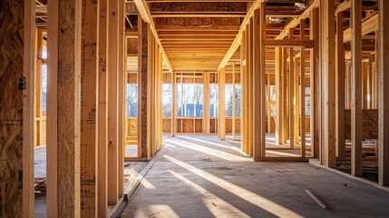 Interior of a building framework during construction featuring wooden beams and natural light streaming through windows