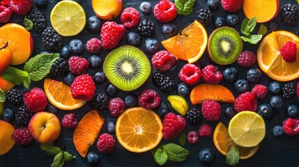 Colorful assortment of fresh fruits and berries arranged on a dark background for a vibrant healthy smoothie concept