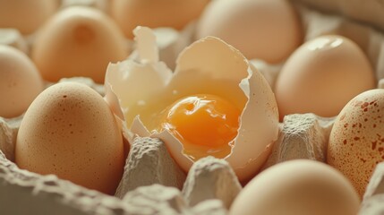Honeycomb egg carton with one broken egg showing bright yolk highlighting the concept of individuality in diets and food choices.