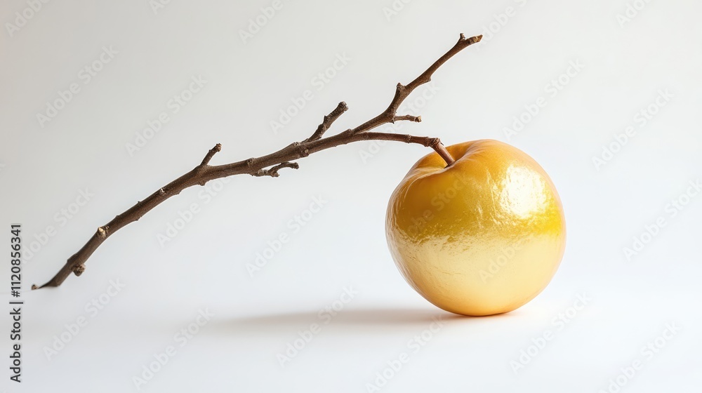 Poster golden peach with branch on minimalist white background