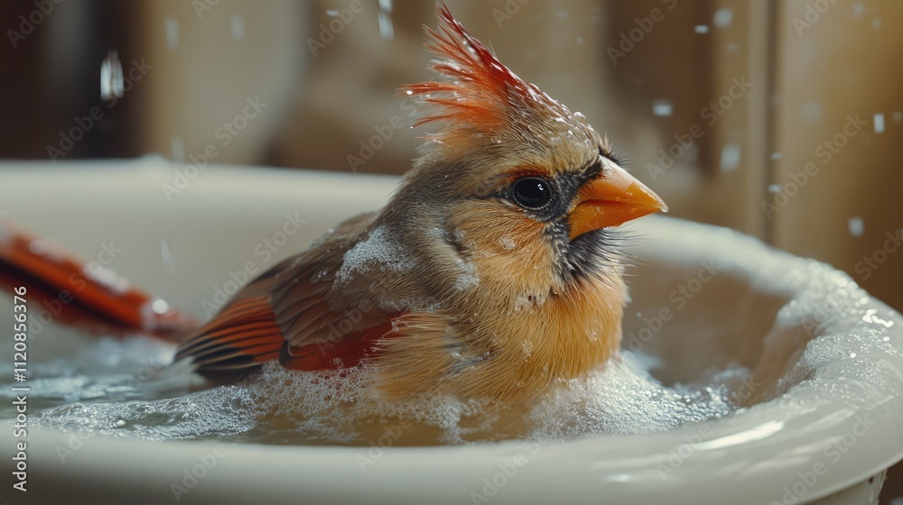 Poster Bird bathing in a bowl surrounded by soap bubbles droplets creating a serene and refreshing atmosphere for wildlife photography